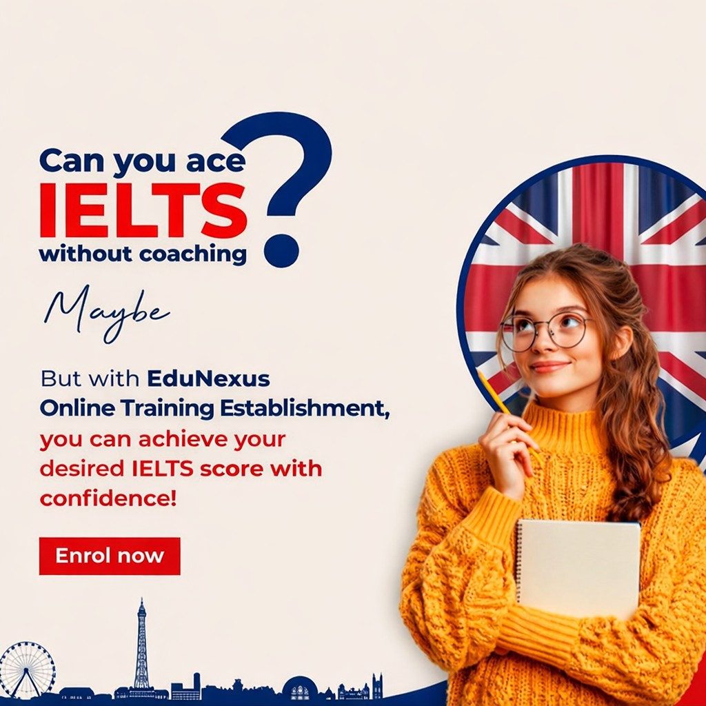 Promotional banner for EduNexus IELTS coaching featuring a student with a notebook and the UK flag background